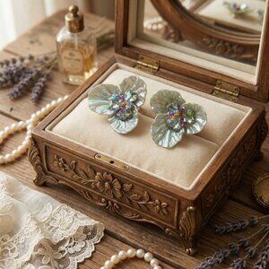 Vintage 80s Flower Earrings with Crystal Center, Retro Floral Jewelry